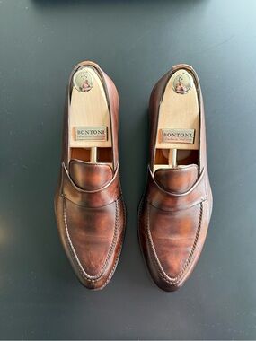 Bontoni Italian Leather Brown Penny Loafers - Burnished Chestnut Finish